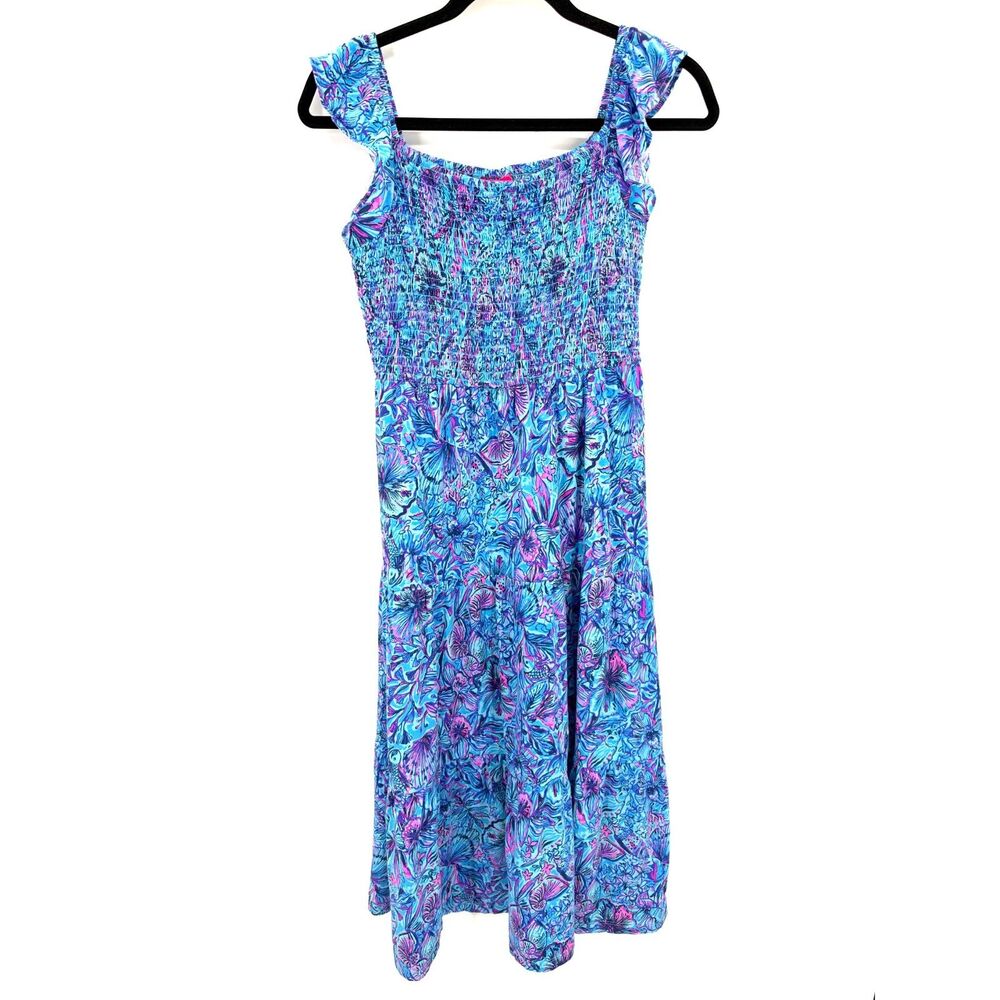 LILLY PULITZER Jilly Smocked Tiered Midi Dress Blue Pink Shell Floral Cotton XL